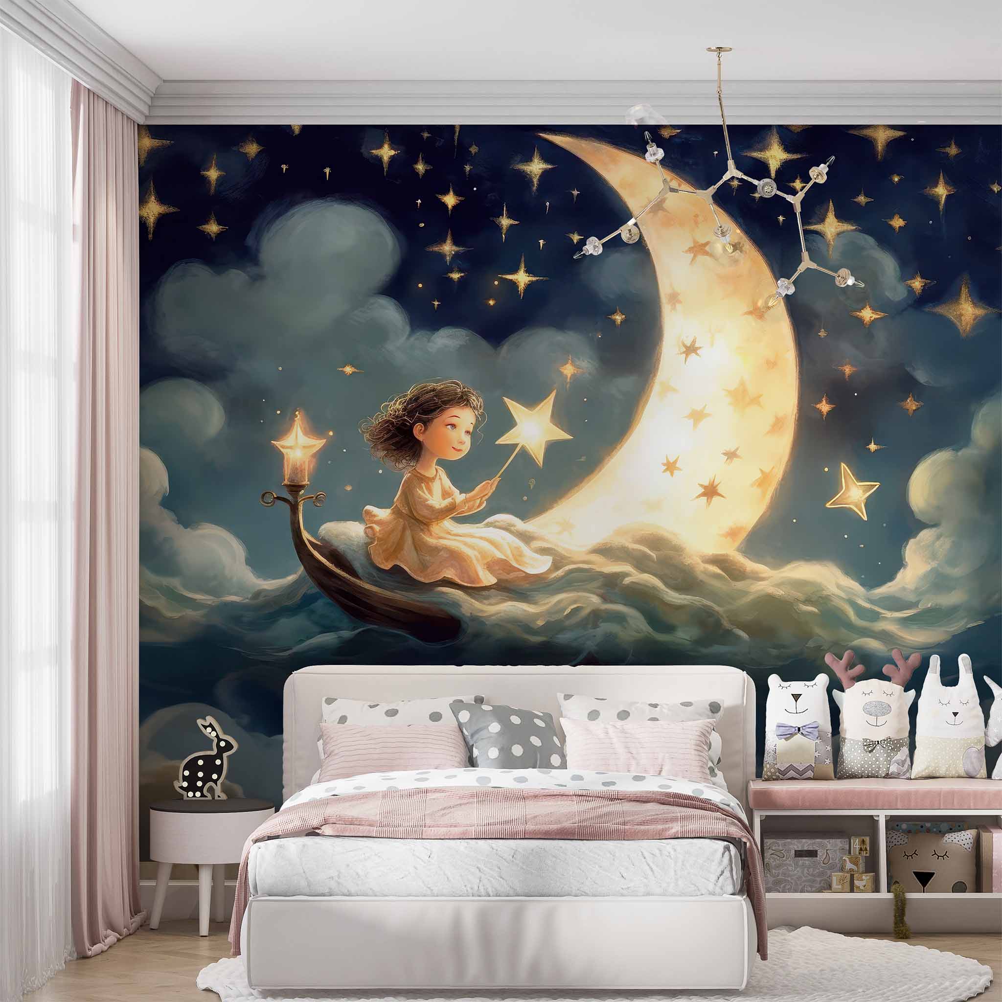 Girl and Moon Wallpaper | Watercolor Kids Room Mural