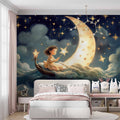 Girl and Moon Wallpaper | Watercolor Kids Room Mural YCO-02306