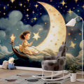 Girl and Moon Wallpaper | Watercolor Kids Room Mural YCO-02306