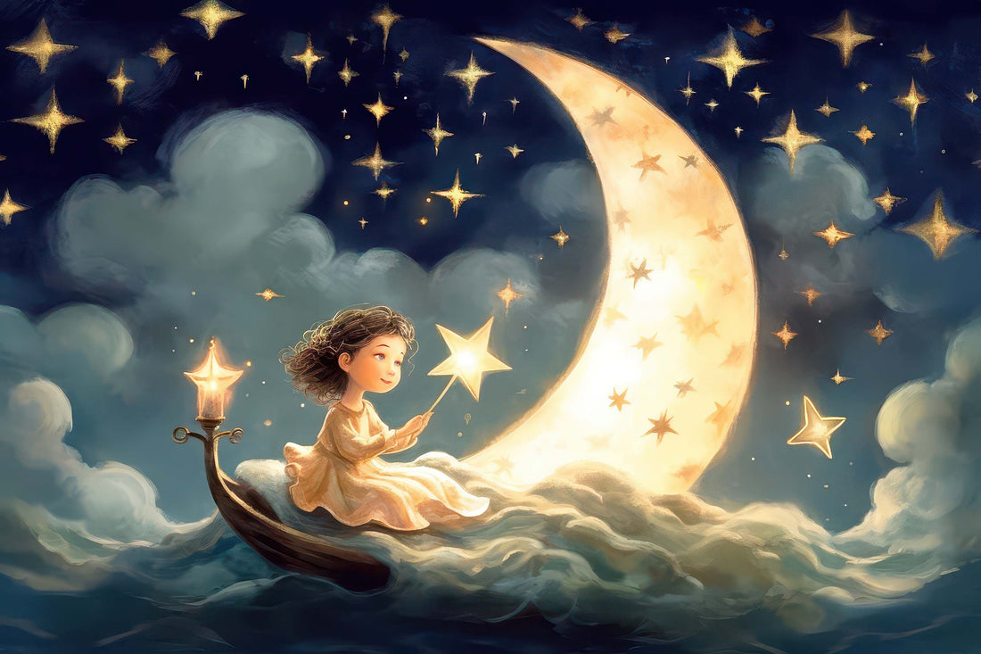 Girl and Moon Wallpaper | Watercolor Kids Room Mural YCO-02306