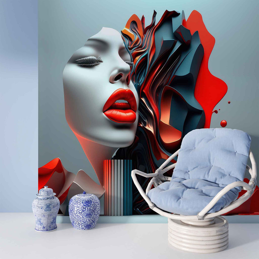 Gorgeous Woman Wall Decal, Red Lipstick Wallpaper YK-00785