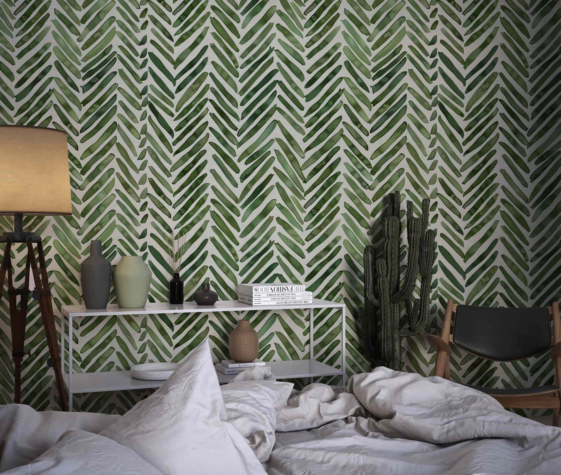 Green Herringbone Wallpaper, Removable Olive Wall Decal YCO-02558