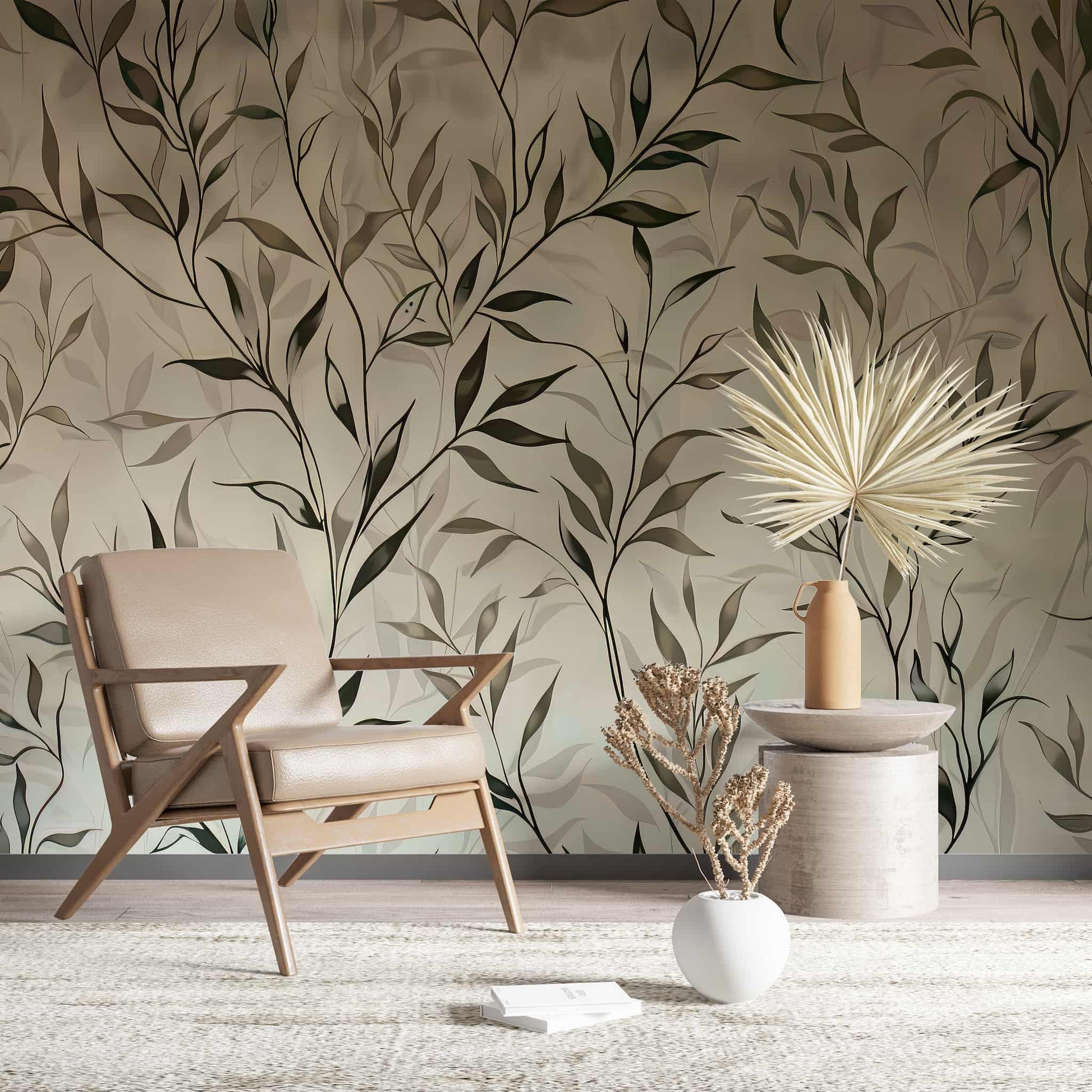 Green Leafs and Flowers peel and stick Wallpaper Watercolor Floral Boho Mural YF-02541
