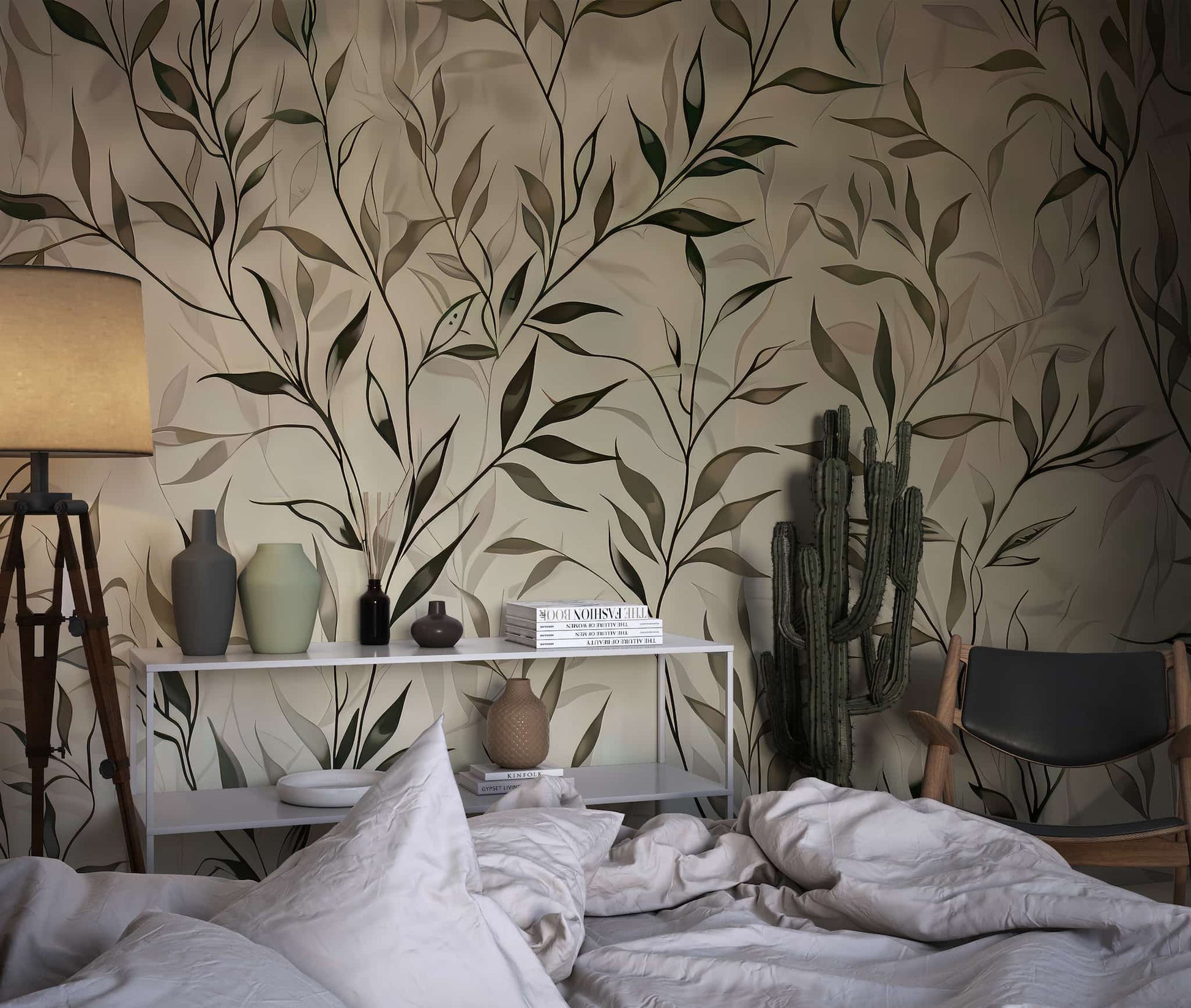 Green Leafs and Flowers Wallpaper Watercolor Floral Boho Mural YF-02541