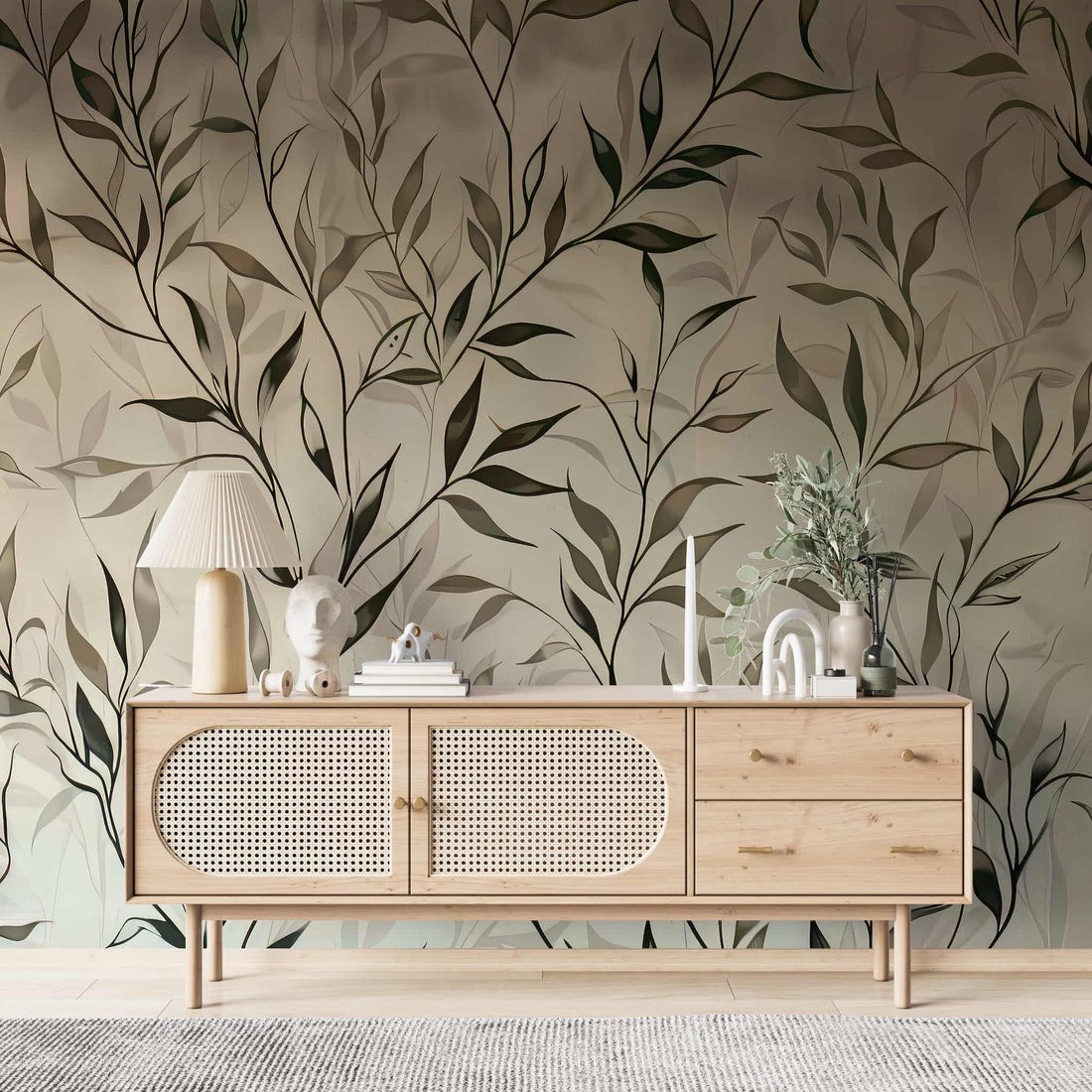 Green Leafs and Flowers Wallpaper Watercolor Floral Boho Mural YF-02541 peel and stick wallpaper
