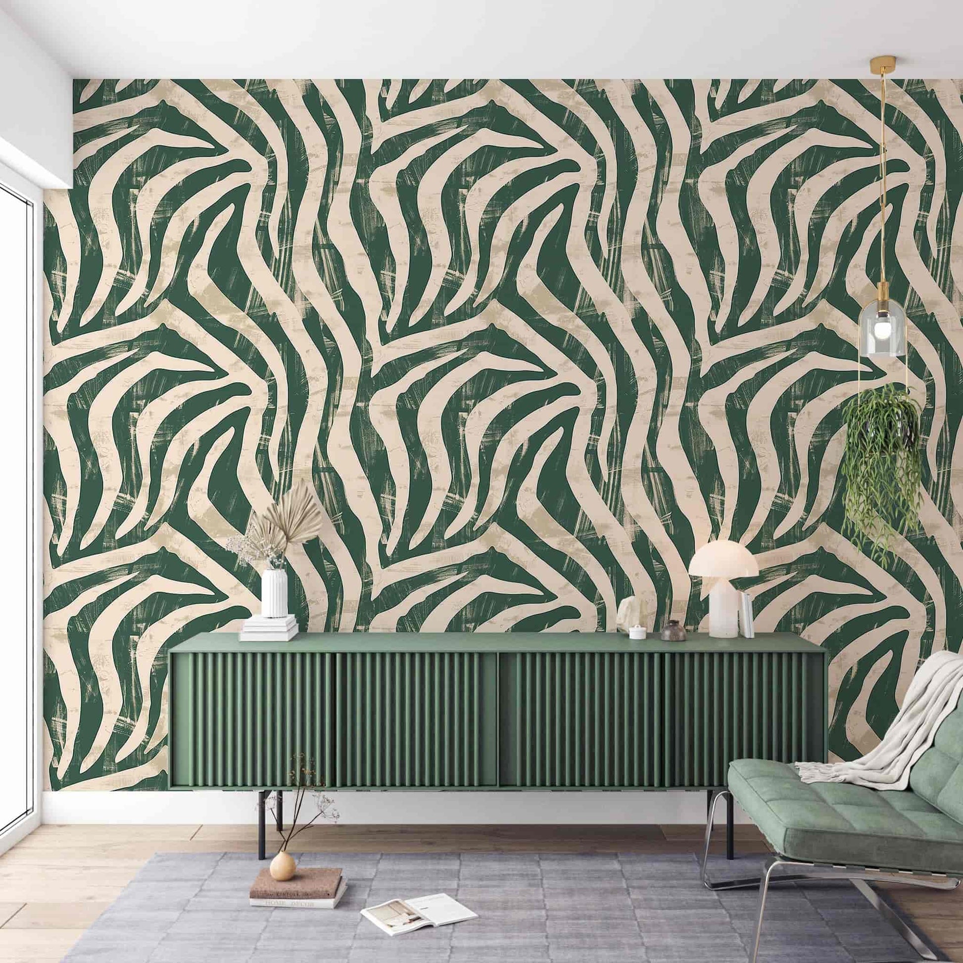 peel and stick wallpaper Green Stripes Wallpaper, | Zebra Pattern Wall Mural YM-02575