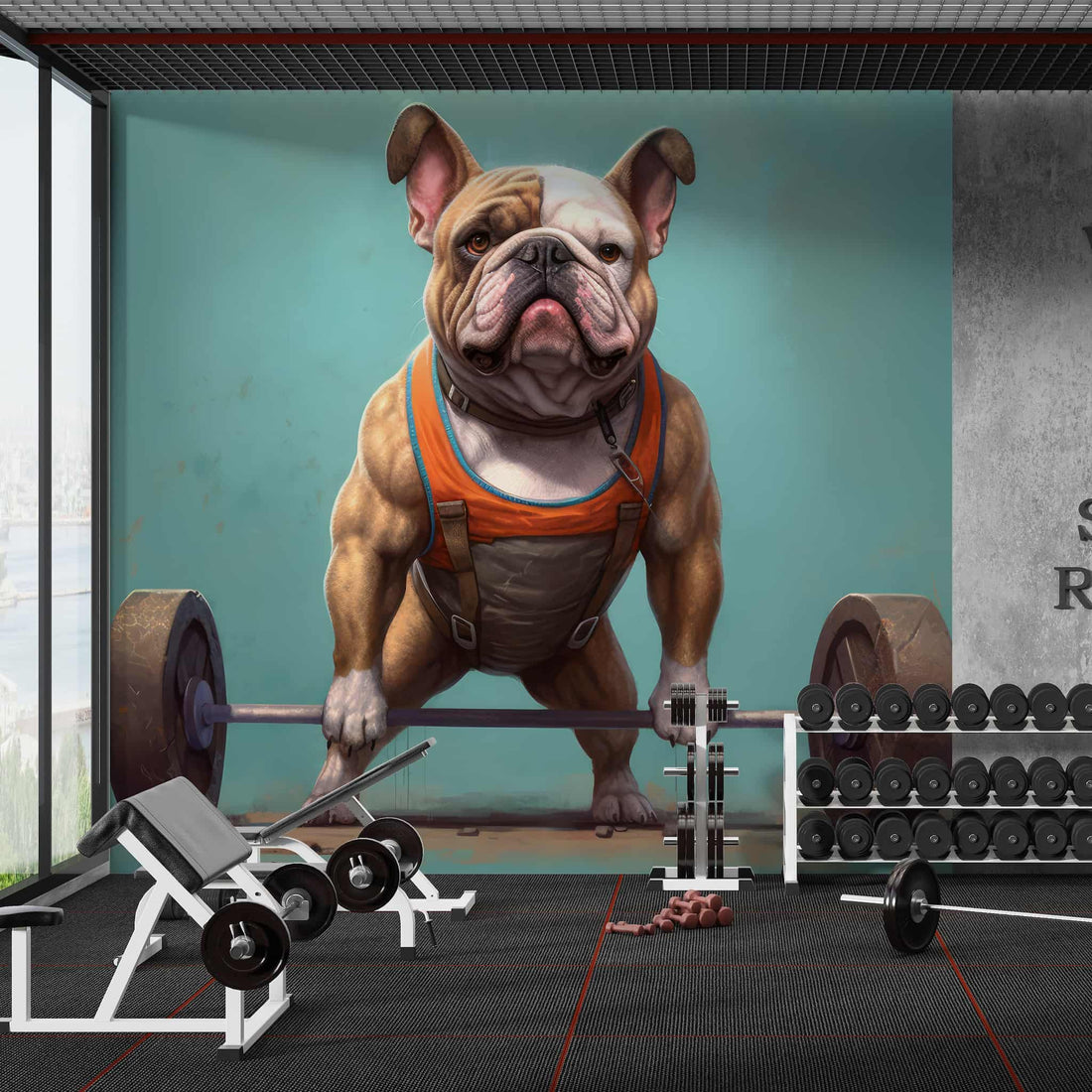 Gym Dog Wallpaper Mural | Bodybuilder BullDog Wall Art YH-01013