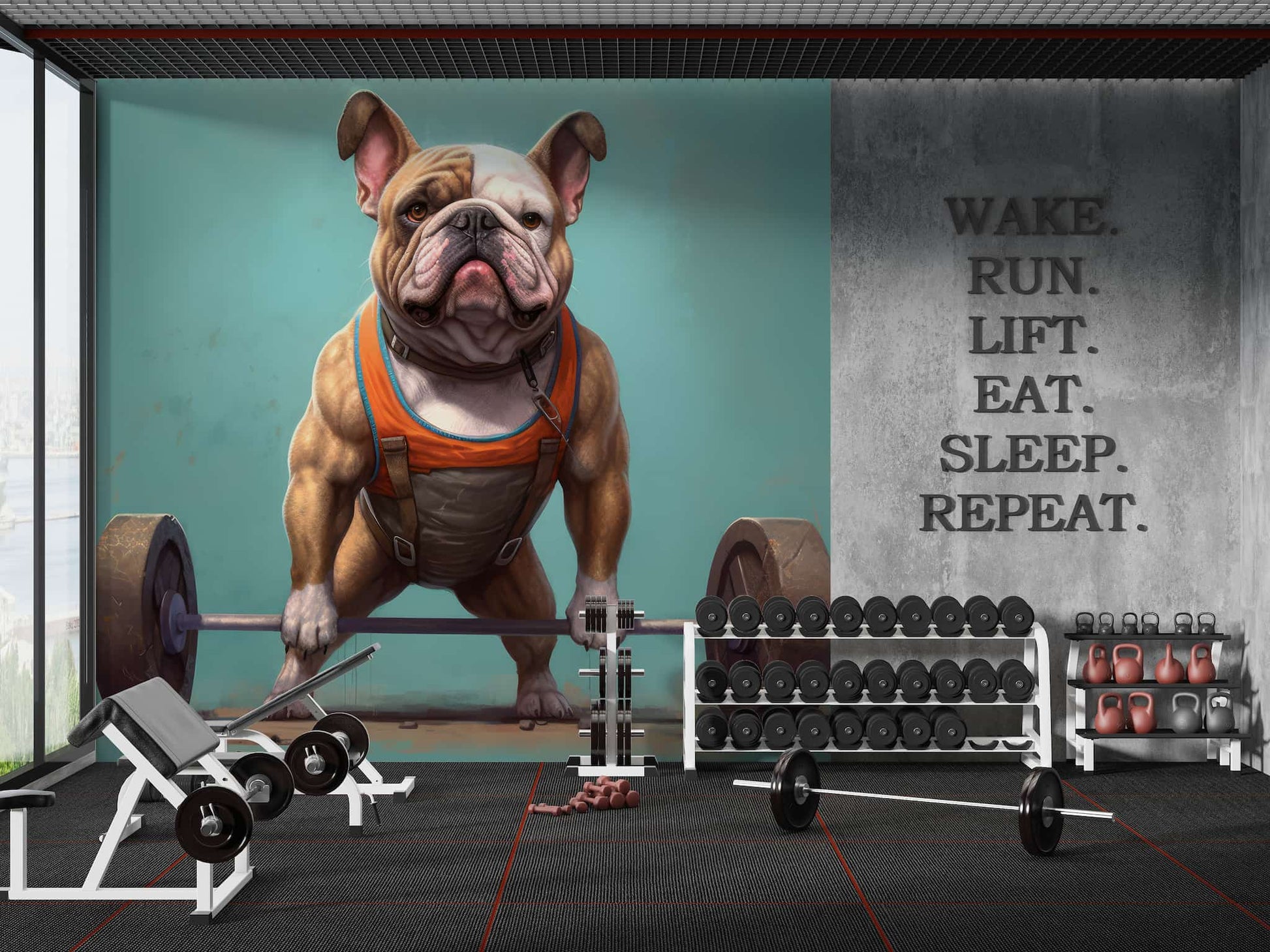 Gym Dog Wallpaper Mural | Bodybuilder BullDog Wall Art YH-01013