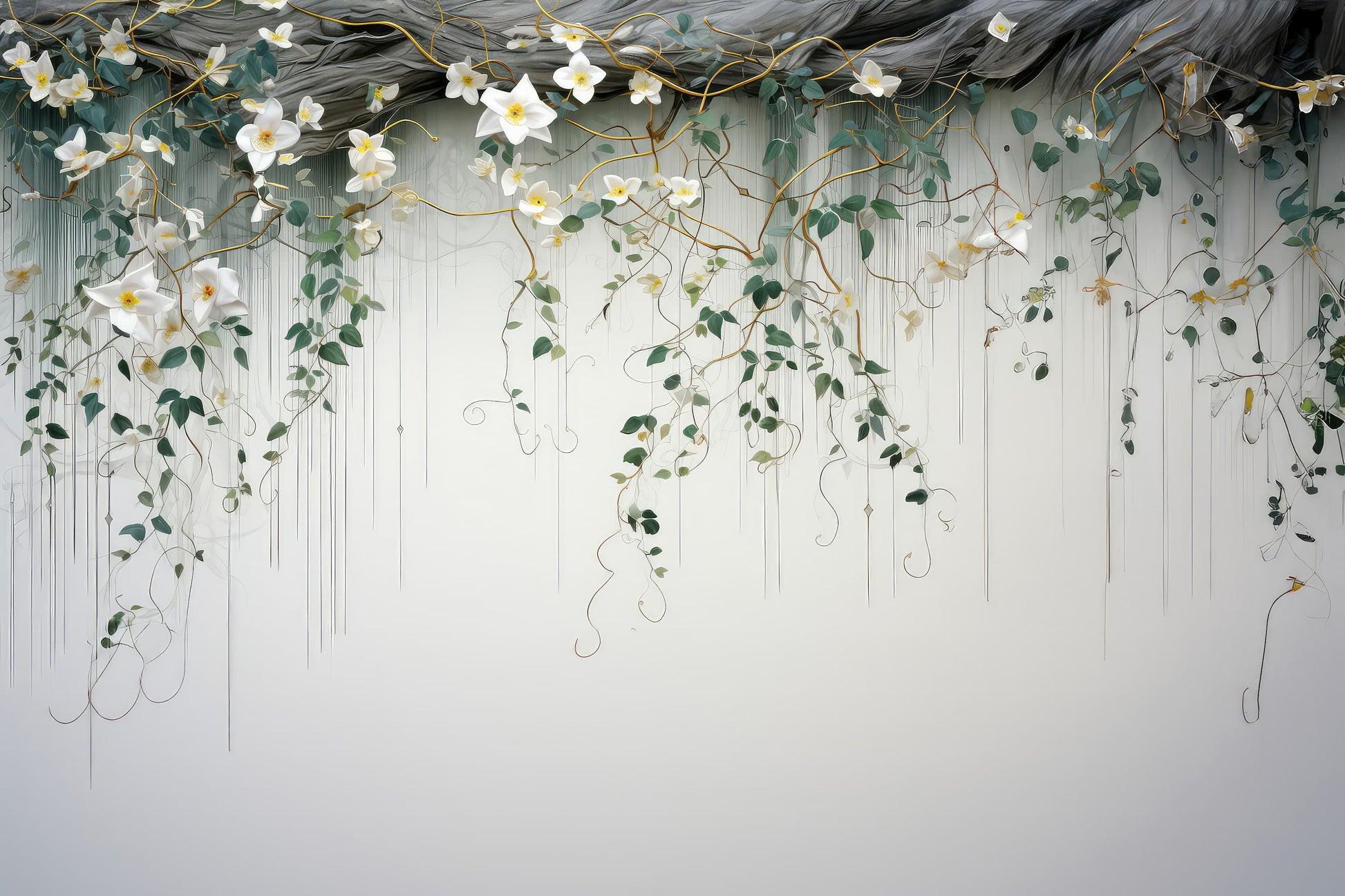 Hanging Green Leafs and Flowers Wallpaper | Floral Wall Mural