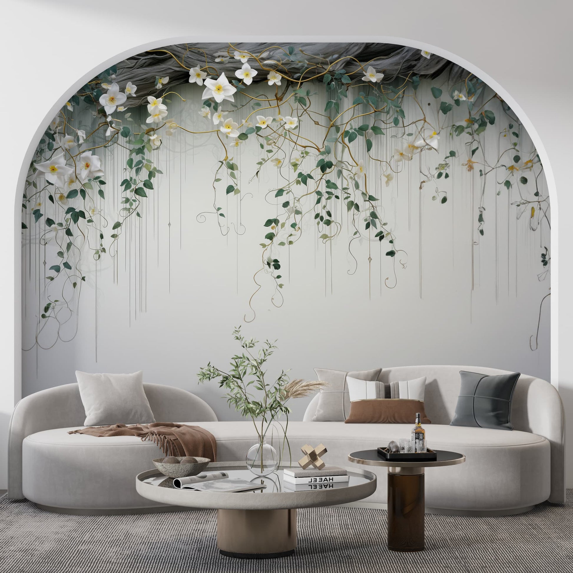 Hanging Green Leafs and Flowers Wallpaper | Floral Wall Mural