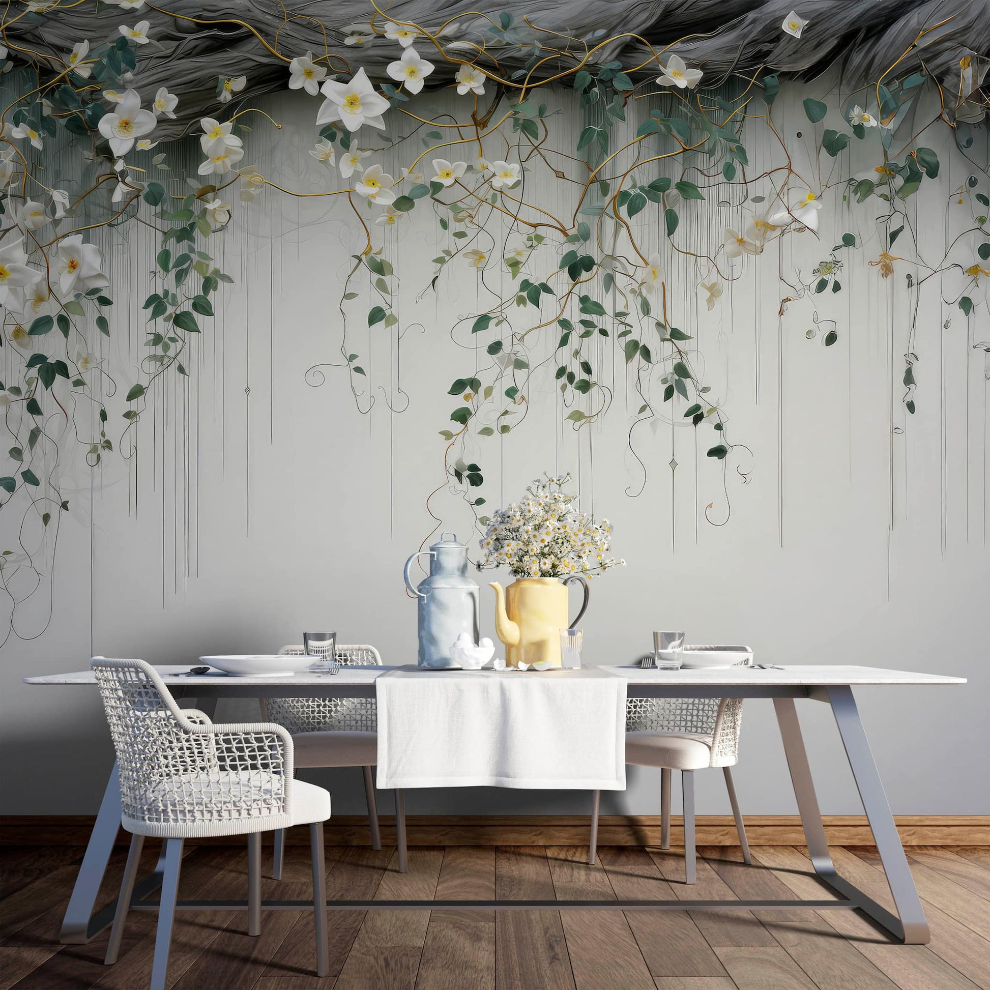 Hanging Green Leafs and Flowers Wallpaper | Floral Wall Mural