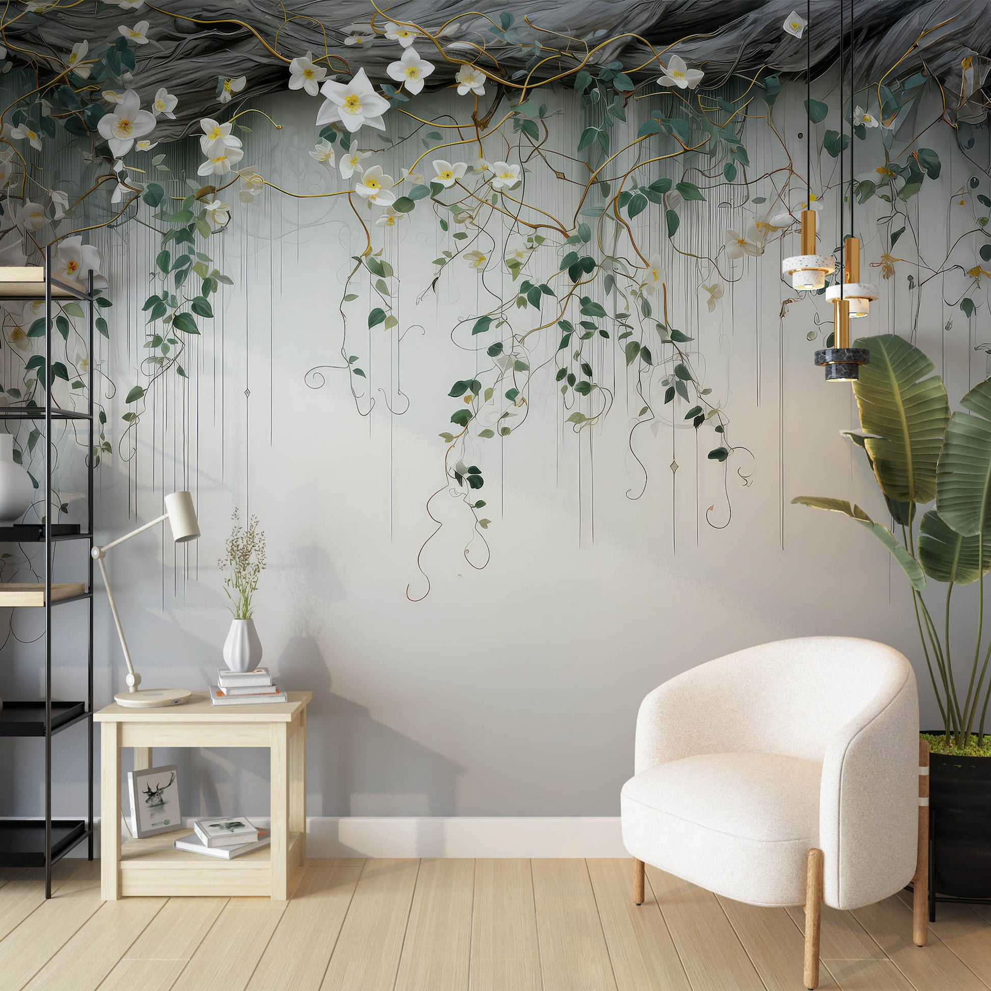 Hanging Green Leafs and Flowers Wallpaper | Floral Wall Mural