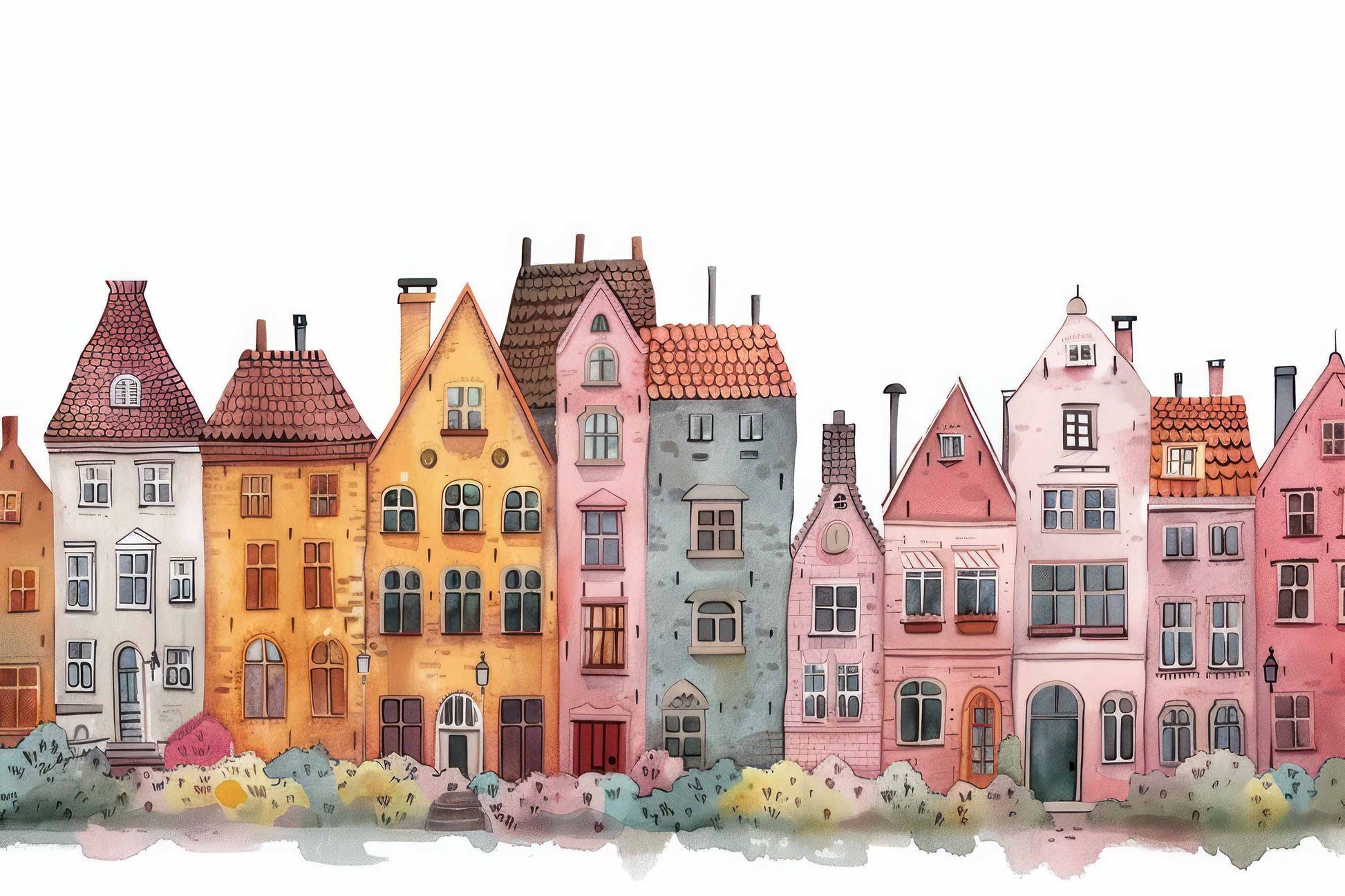House Wall Decal, Watercolor Buildings Adhesive Wallpaper YCO-02563