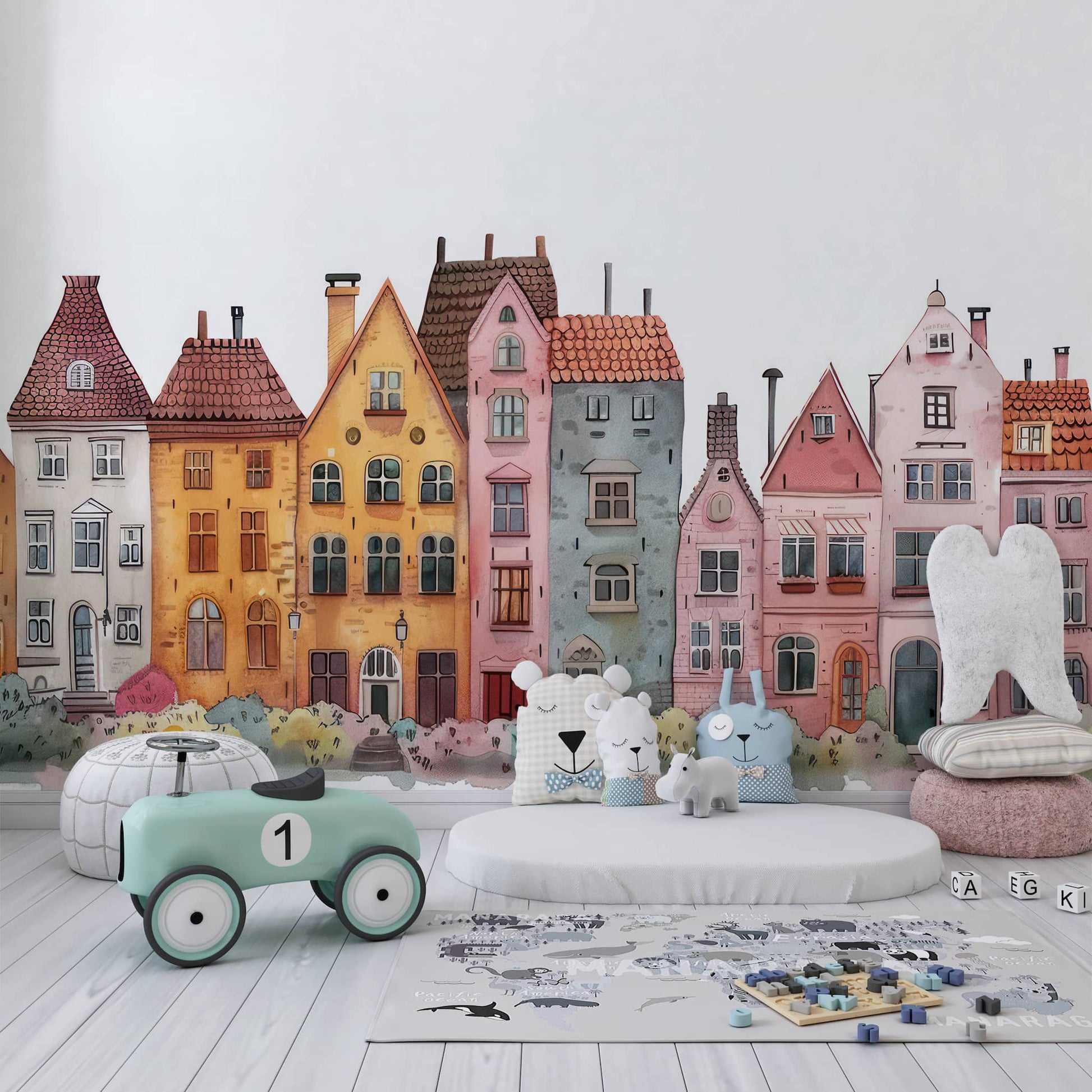 House Wall Decal, Watercolor Buildings Adhesive Wallpaper YCO-02563