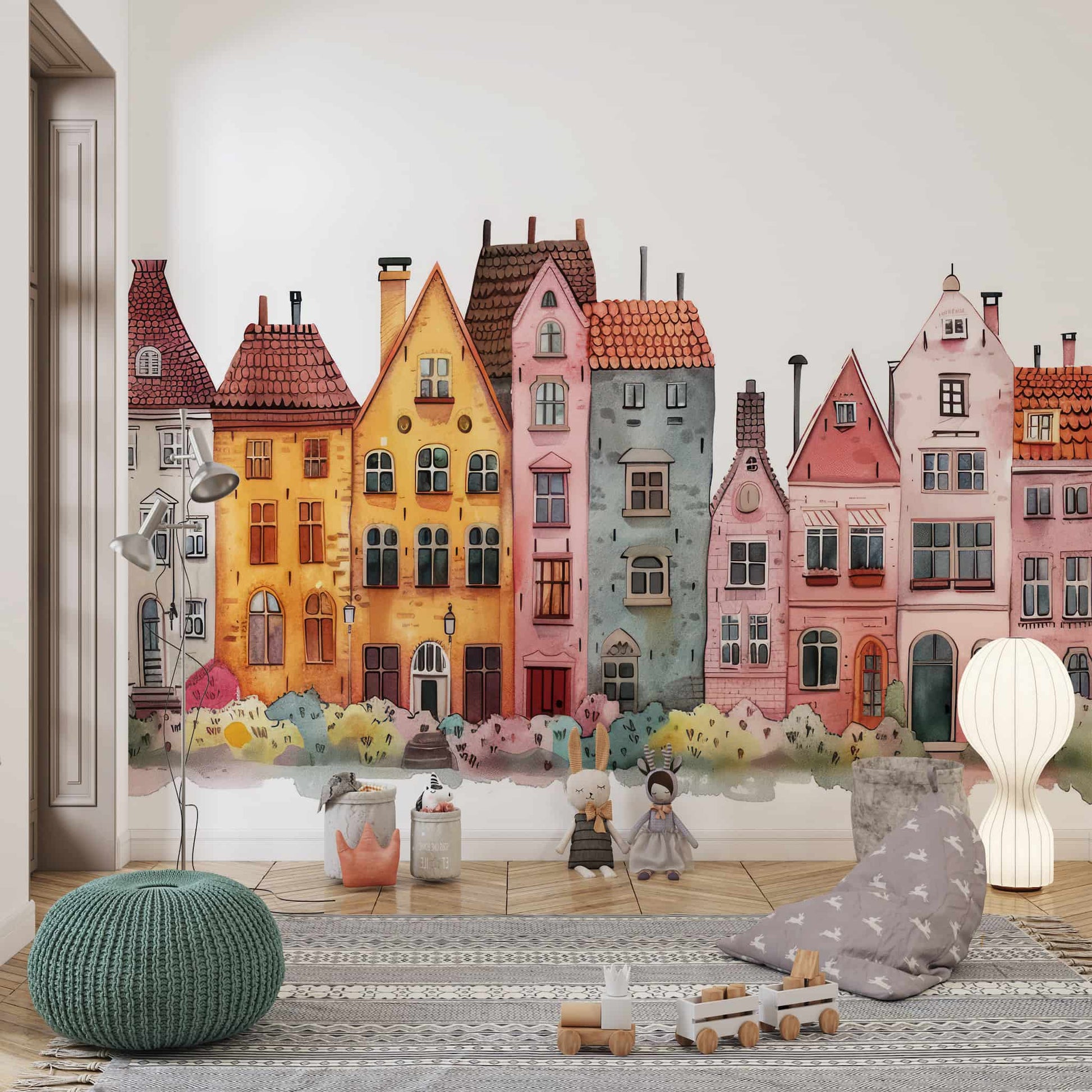 House Wall Decal, Watercolor Buildings Adhesive Wallpaper YCO-02563