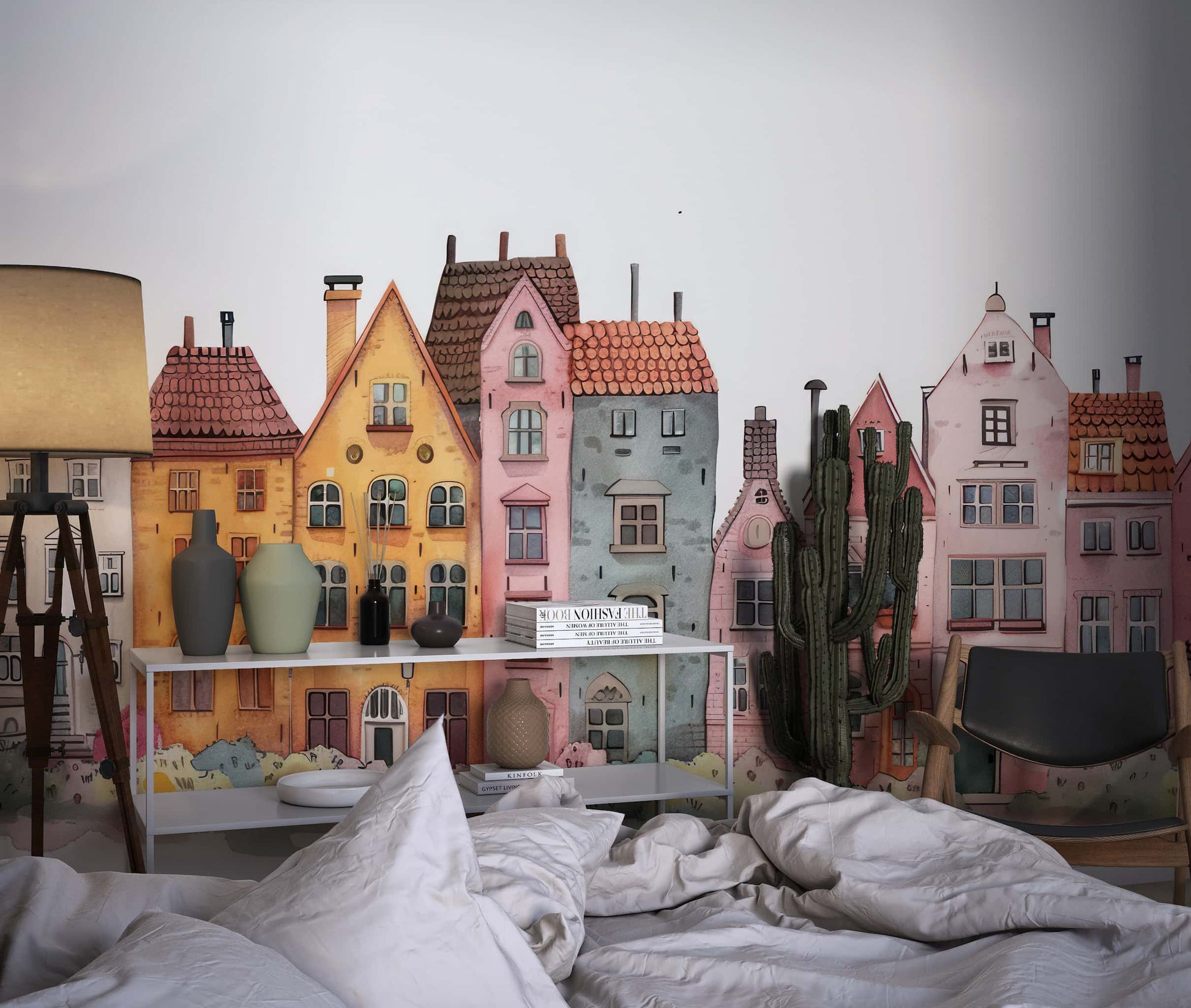 House Wall Decal, Watercolor Buildings Adhesive Wallpaper YCO-02563