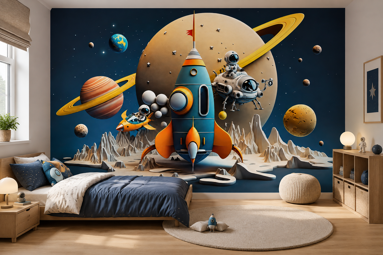 Kids space wallpaper mural with a colorful rocket ship, astronauts, Saturn and planets installed in a modern child’s bedroom.