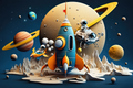 Colorful rocket and planets wallpaper artwork featuring astronauts, Saturn, stars and a 3D-style outer-space landscape for kids.