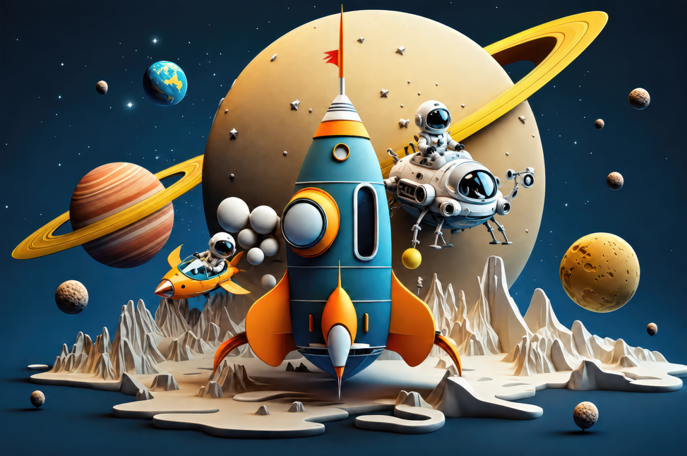Colorful rocket and planets wallpaper artwork featuring astronauts, Saturn, stars and a 3D-style outer-space landscape for kids.