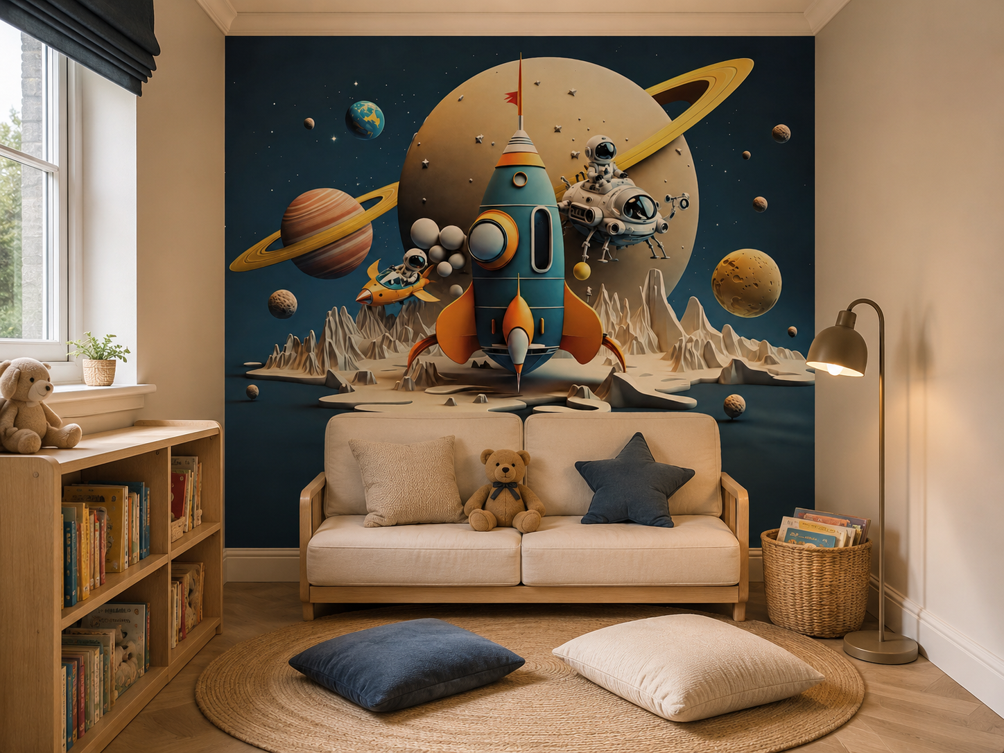 Kids space wall mural with a rocket, astronauts and planets displayed behind a sofa in a children’s reading room and play area.