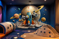 Outer space wallpaper mural with a colorful rocket, astronauts and planets installed in a space-themed indoor playground for children.