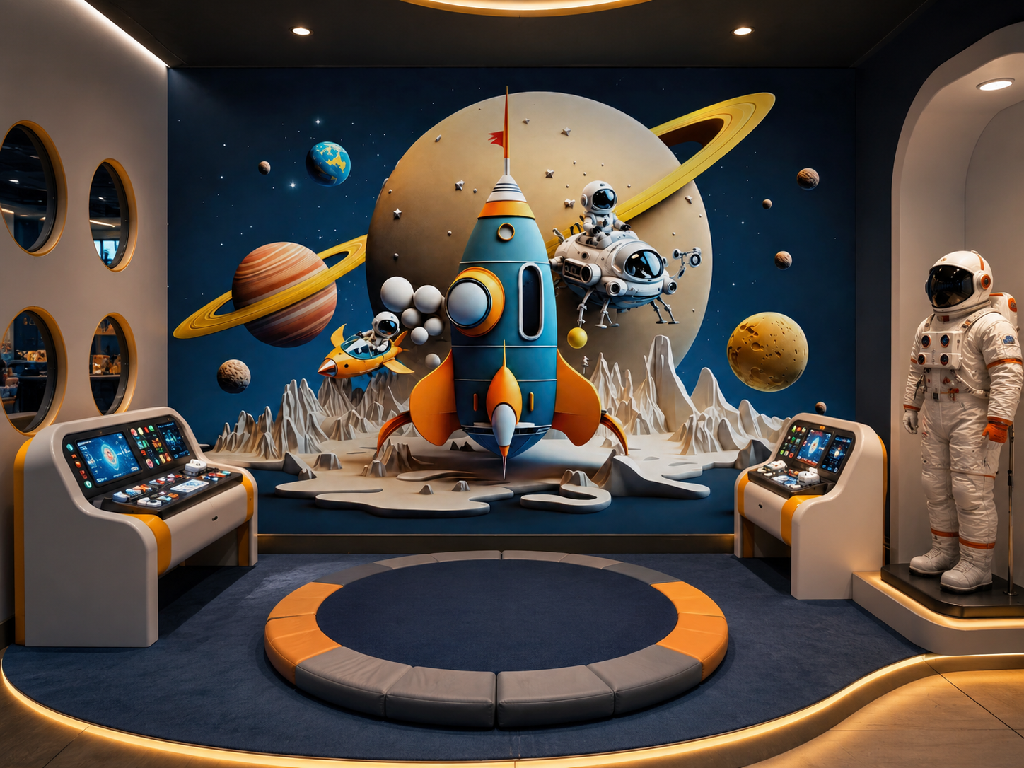 Astronaut and rocket wall mural with Saturn and planets displayed in an interactive space-themed children’s play and learning center.
