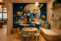 Kids space wallpaper mural featuring a colorful rocket ship, astronauts, Saturn and planets in a children’s playroom with a play table, chairs and reading area.