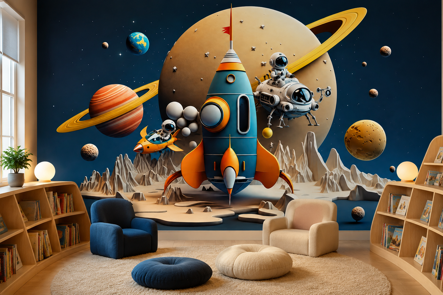 Space wallpaper for kids featuring a large rocket ship, astronauts, Saturn and planets in a modern children’s library and reading room.