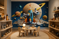 Rocket and planets wallpaper installed in a children’s activity area with a play table, chairs, books and a comfortable reading bench.