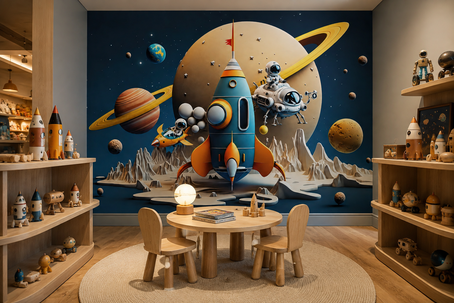 Rocket and planets wallpaper installed in a children’s activity area with a play table, chairs, books and a comfortable reading bench.
