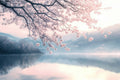 Lake and Sakura Tree Wallpaper, Minimalist Landscape Wall Mural YD-05093