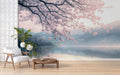 Lake and Sakura Tree Wallpaper, Minimalist Landscape Wall Mural YD-05093