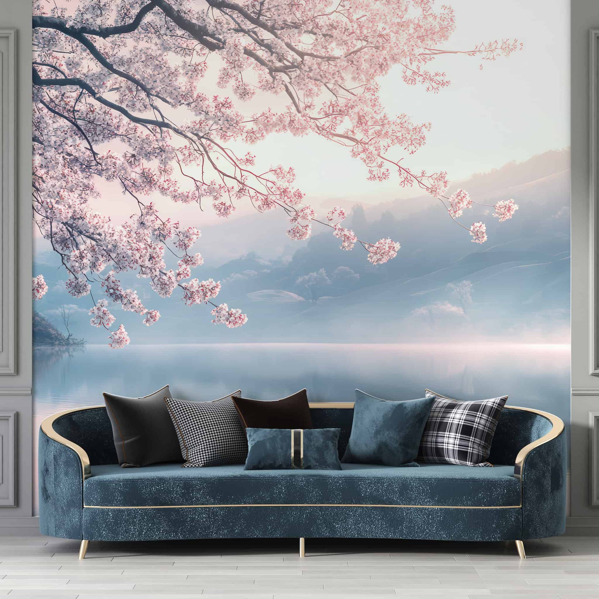 Lake and Sakura Tree Wallpaper, Minimalist Landscape Wall Mural YD-05093