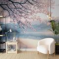 Lake and Sakura Tree Wallpaper, Minimalist Landscape Wall Mural YD-05093