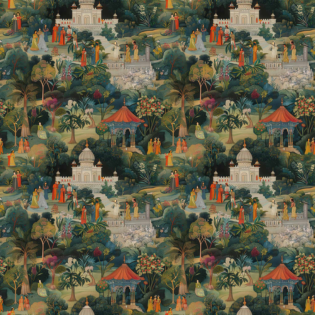 Lush Jaipur Garden Wallpaper, Indian Wallpaper, Scenic Wall Art, India Mughal Design YM-30019