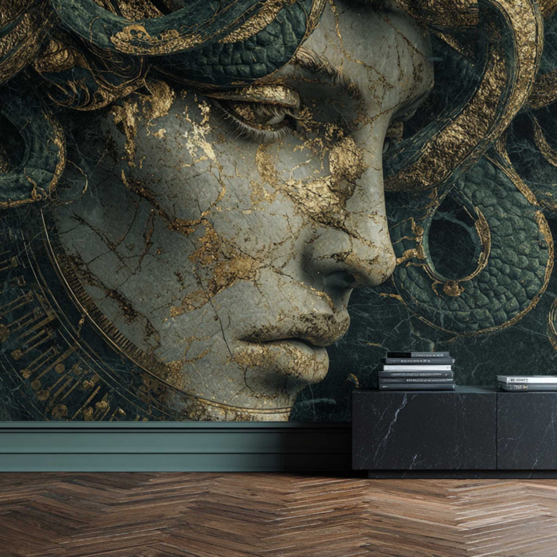 Medusa Wall Mural Dark Fantasy Medusa Art Mythological Statue Wallpaper YT-06026