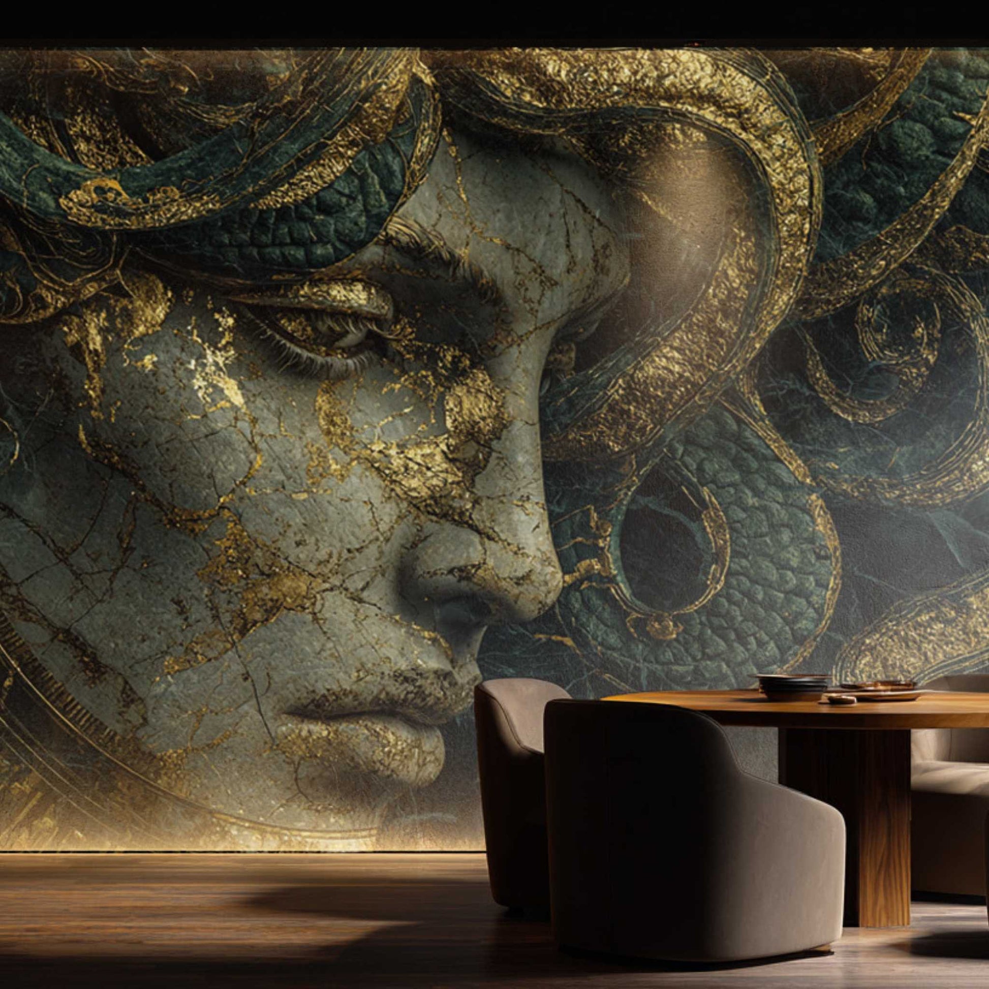 Medusa Wall Mural Dark Fantasy Medusa Art Mythological Statue Wallpaper YT-06026