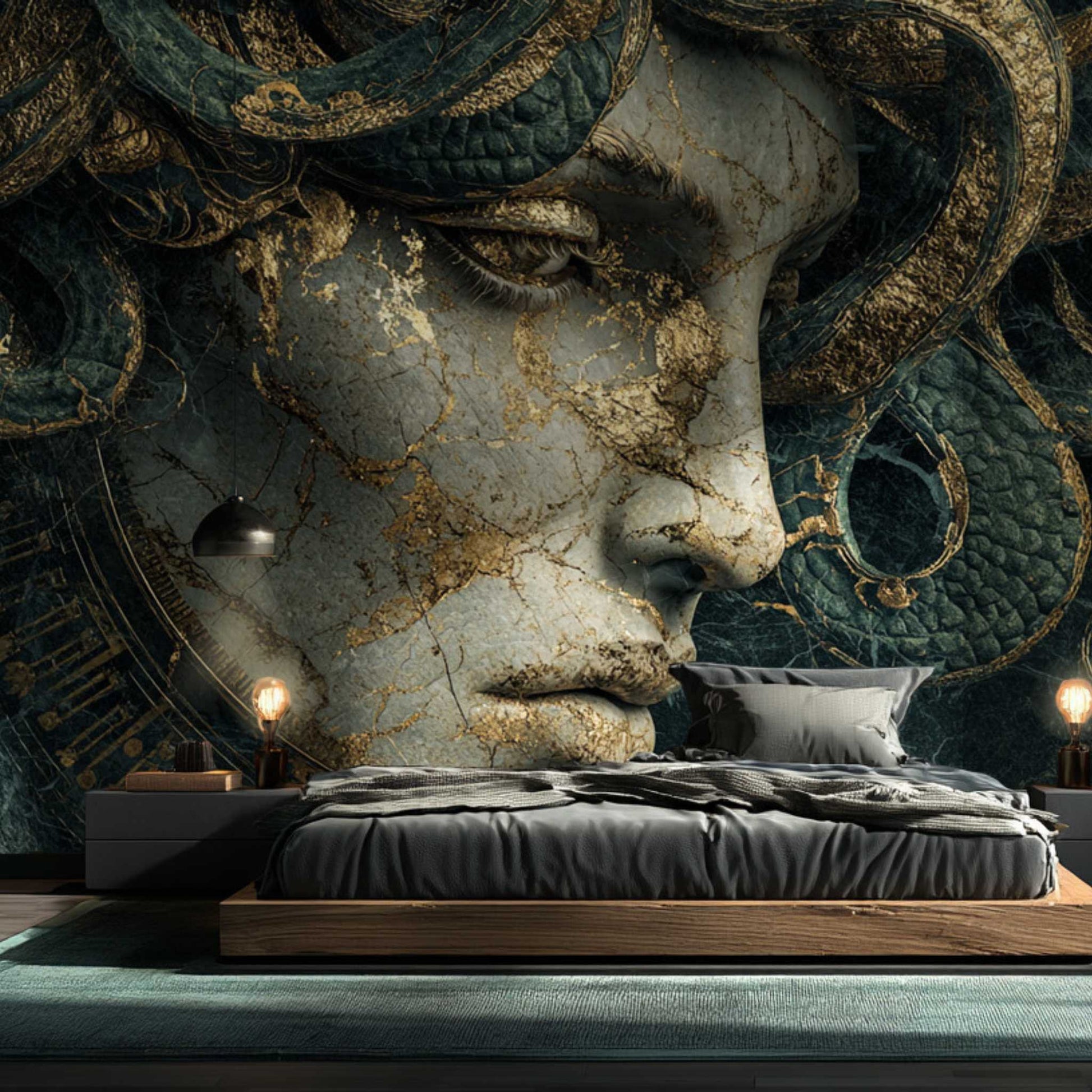 Medusa Wall Mural Dark Fantasy Medusa Art Mythological Statue Wallpaper YT-06026