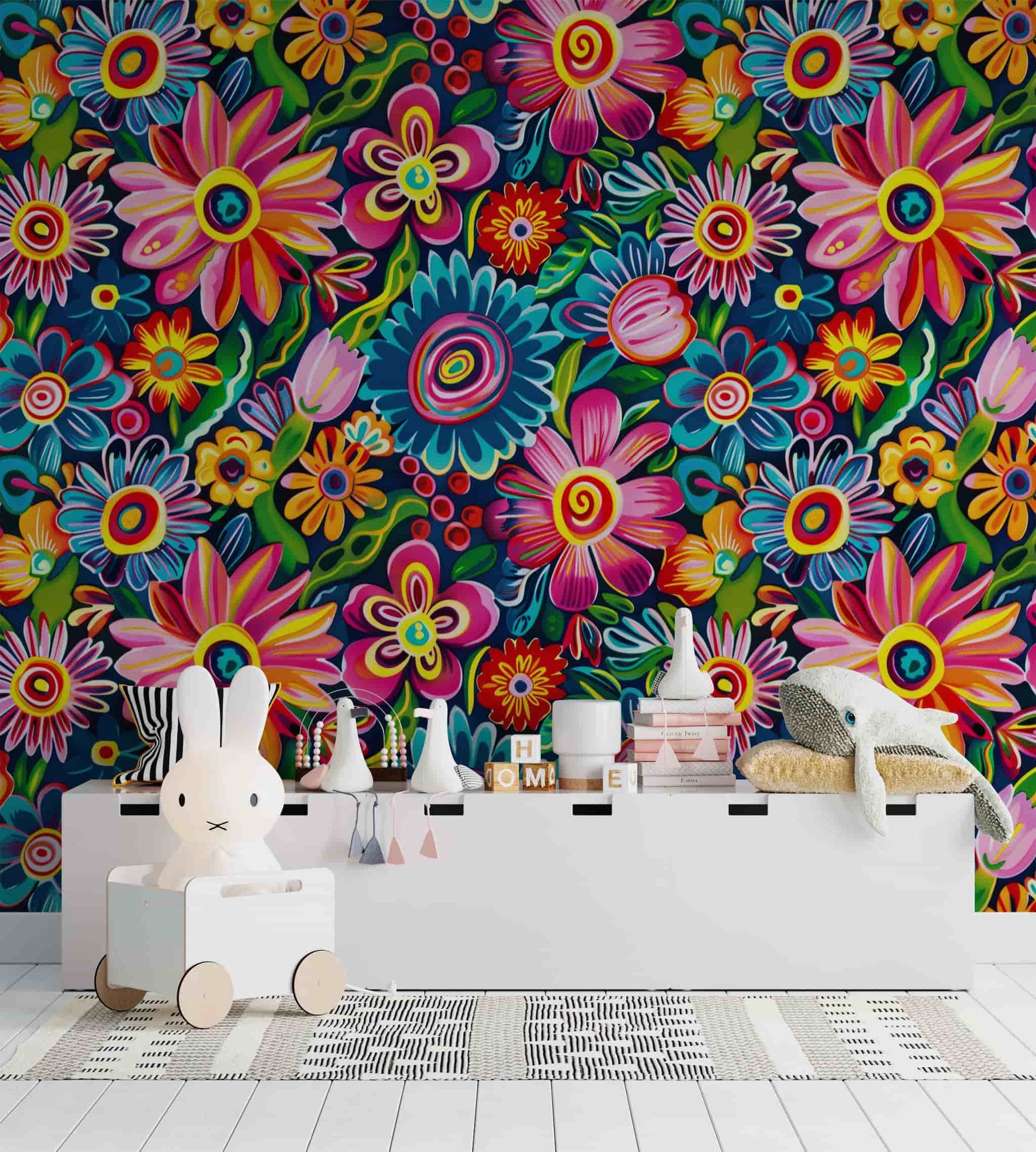 Mexican Folk Art Pattern Wallpaper, Vintage Colorful Abstract Flowers YF-04032