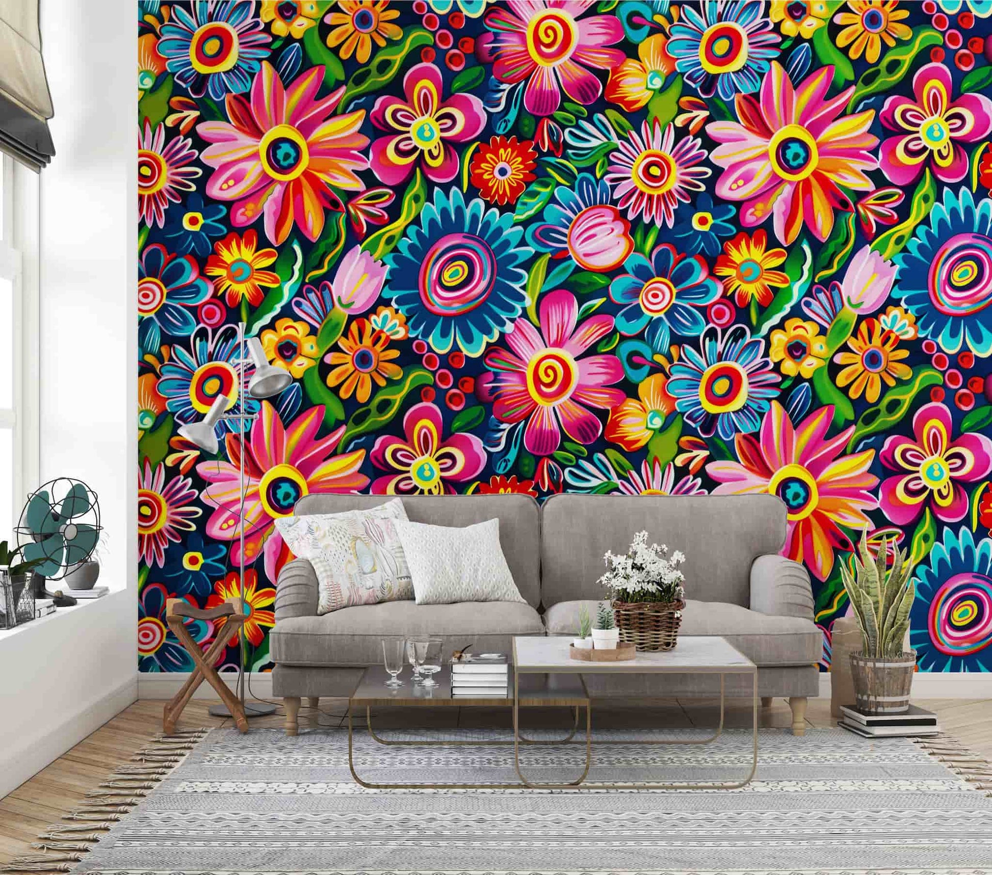 Mexican Folk Art Pattern Wallpaper, Vintage Colorful Abstract Flowers YF-04032