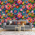 Mexican Folk Art Pattern Wallpaper, Vintage Colorful Abstract Flowers YF-04032