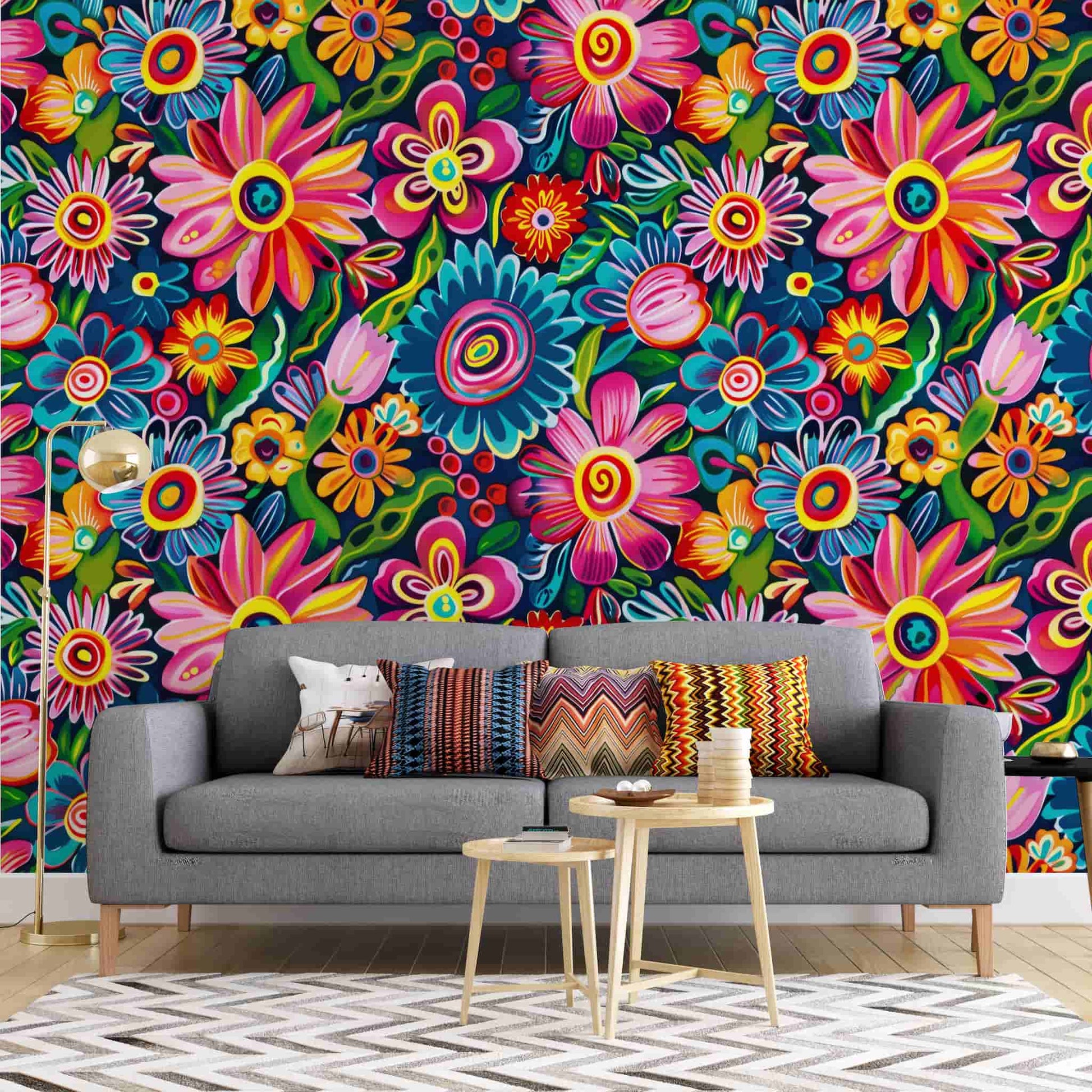 Mexican Folk Art Pattern Wallpaper, Vintage Colorful Abstract Flowers YF-04032