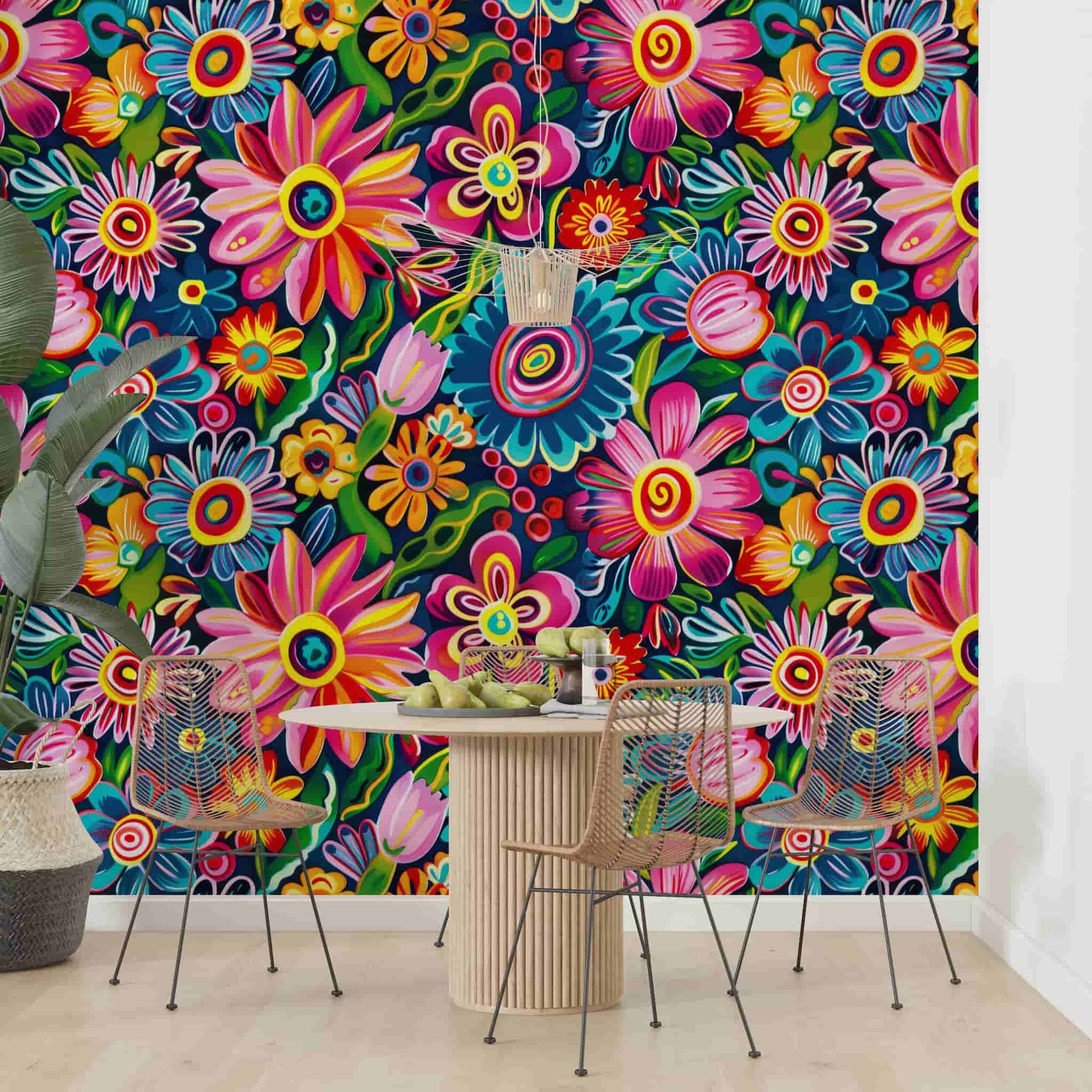Mexican Folk Art Pattern Wallpaper, Vintage Colorful Abstract Flowers YF-04032