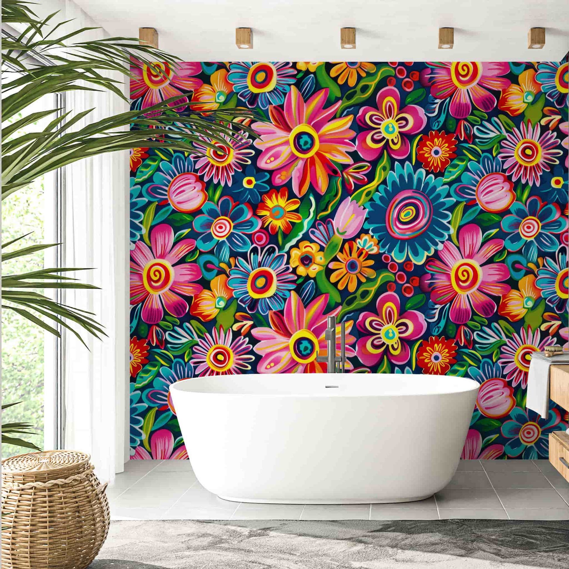 Mexican Folk Art Pattern Wallpaper, Vintage Colorful Abstract Flowers YF-04032