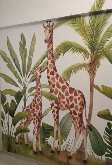 Short Caption: Custom Giraffe Kids Mural – Playful Safari Wall