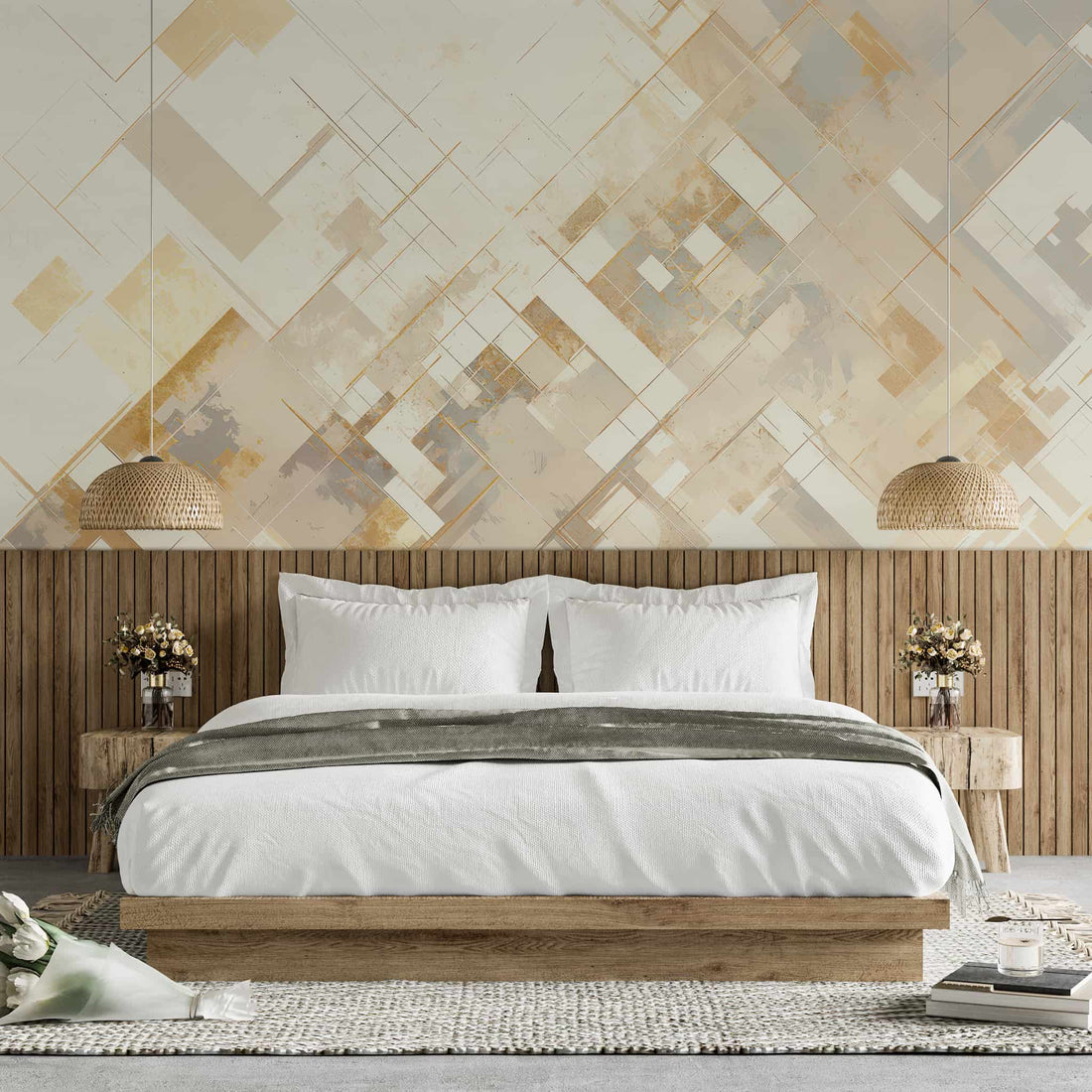 Modern Geometric Wall Art | Boho Beige Neutral Wall Mural YMO-05037