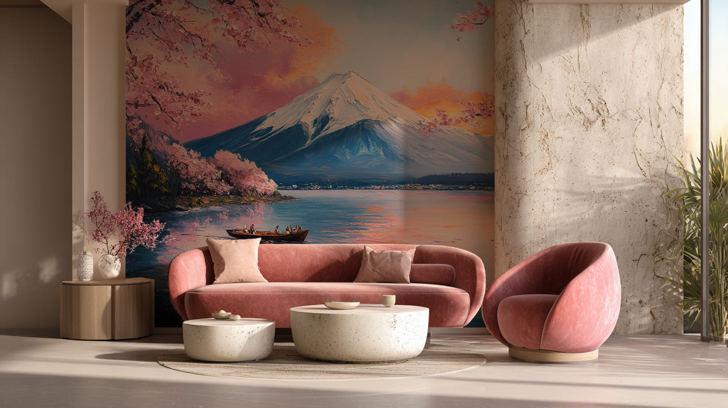 Mount Fuji Wall Mural Cherry Blossom Wallpaper Sunset Lake Decor YD-05095