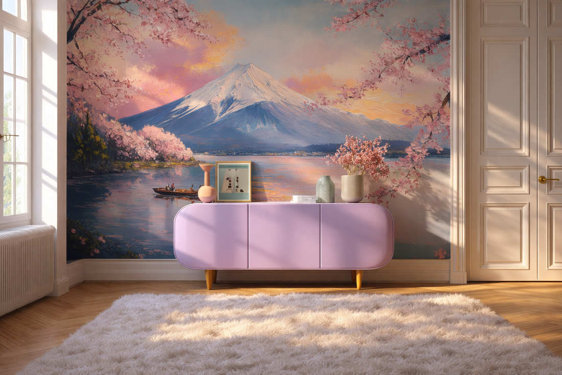 Mount Fuji Wall Mural Cherry Blossom Wallpaper Sunset Lake Decor YD-05095