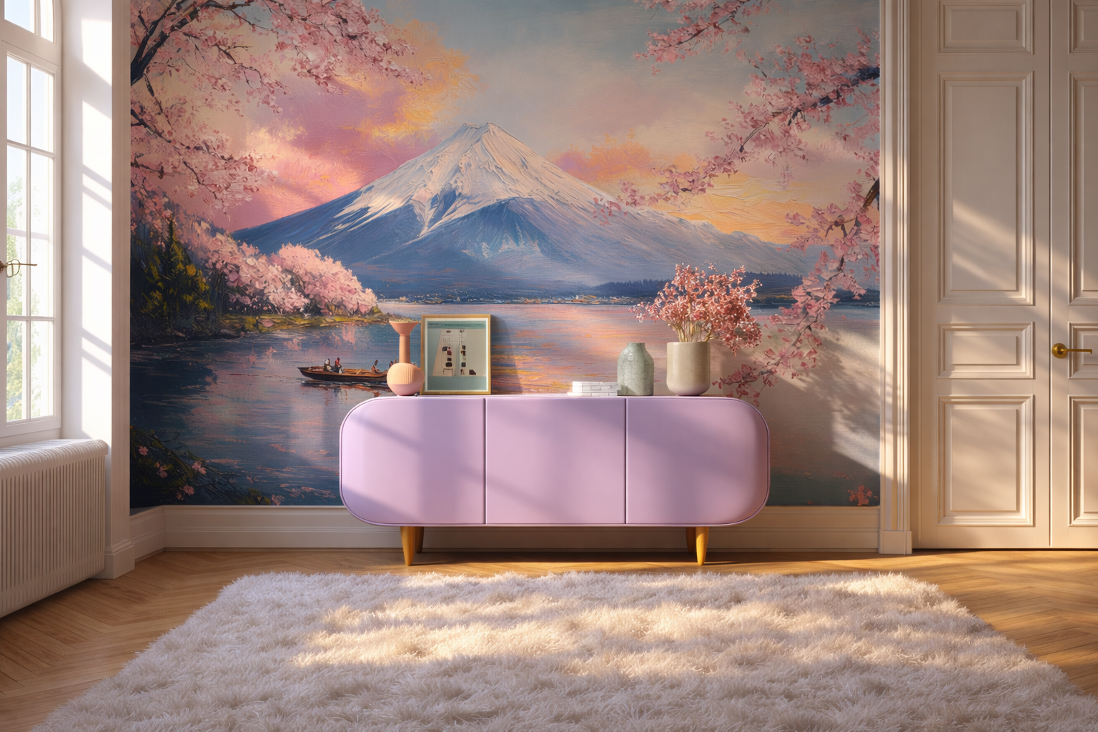 Mount Fuji Wall Mural Cherry Blossom Wallpaper Sunset Lake Decor YD-05095