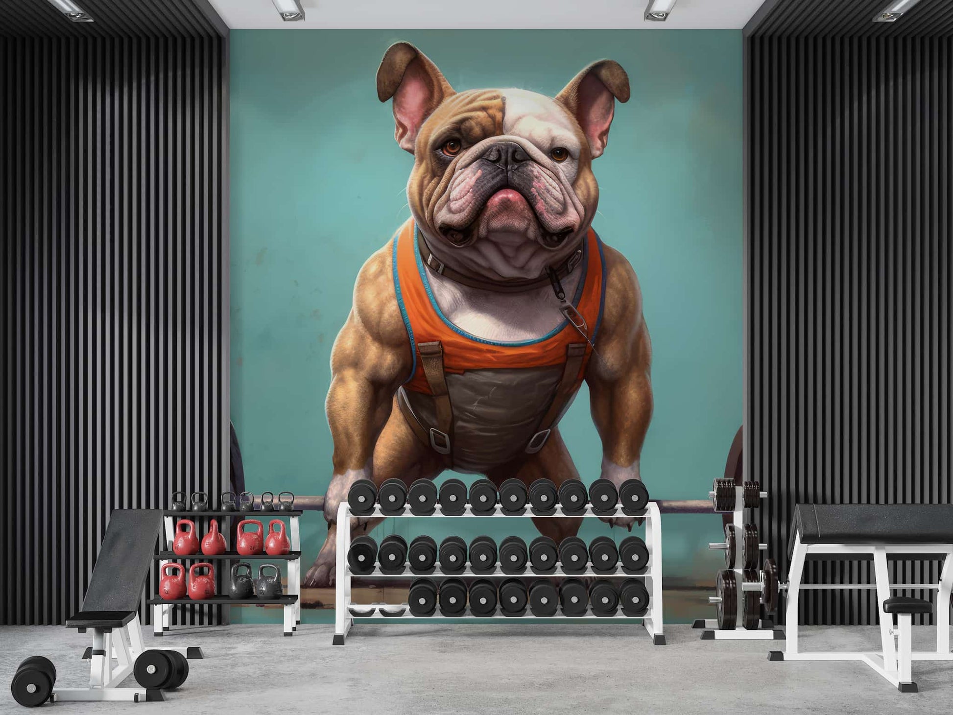 Gym Dog Wallpaper Mural | Bodybuilder BullDog Wall Art YH-01013